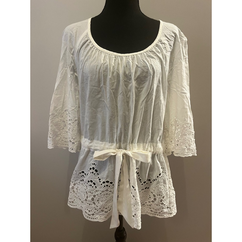 Floreat Anthropologie‎ White Cotton Eyelet Lace Tunic Tie Waist Top Size 6
